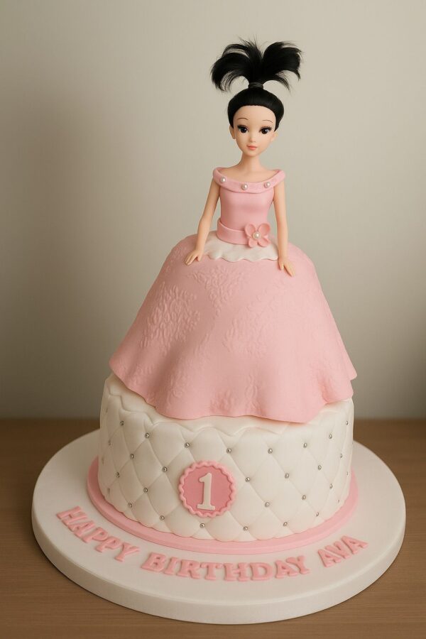 Girl With Pink Dress Themed Cake
