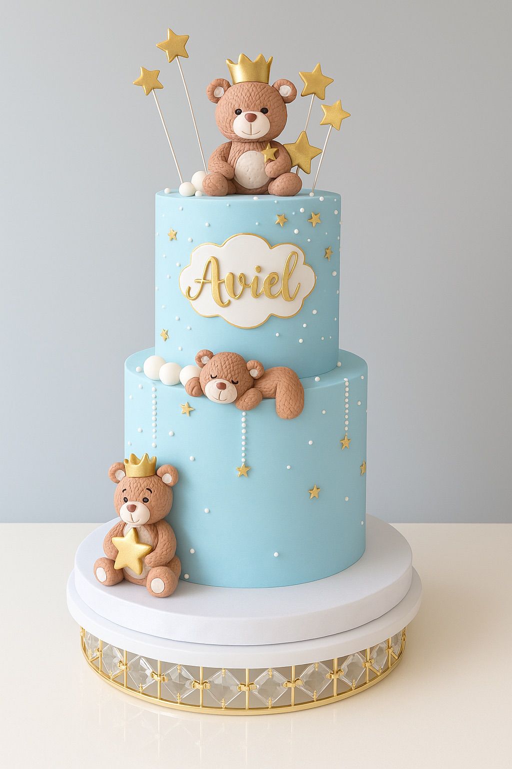 Blue Royal Teddy Bear Cake with Stars – Custom Name Topper - Victoria ...