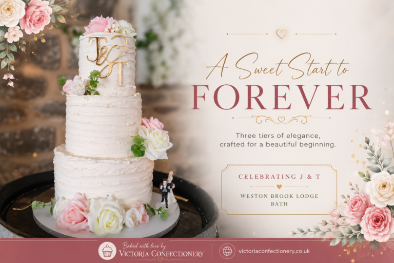 Three-tier wedding cake featuring Victoria Sponge, chocolate cake, vanilla buttercream and raspberry preserve by Victoria Confectionery.