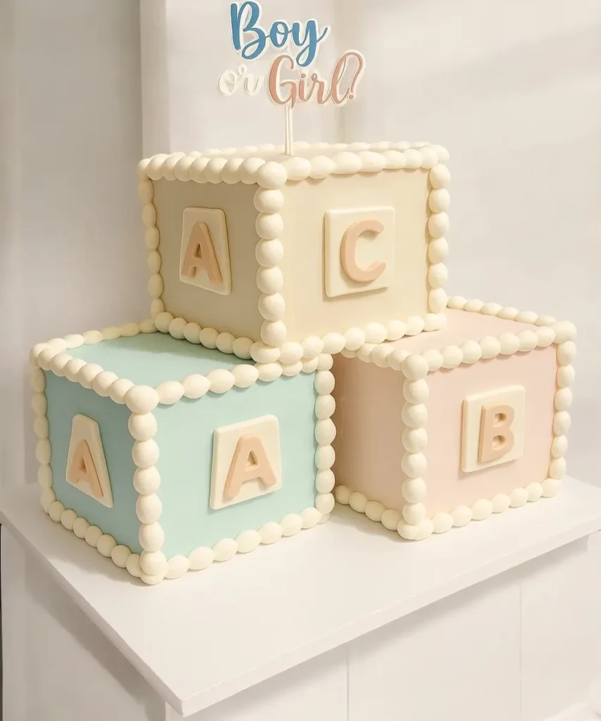 gender reveal cake of 3 cubes stacked