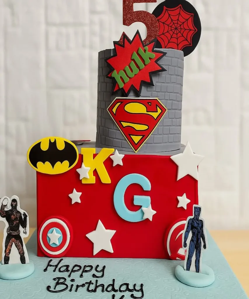 Superhero birthday cake with red and grey tiers and Batman, Superman, Hulk and Spider-Man-inspired decorations.