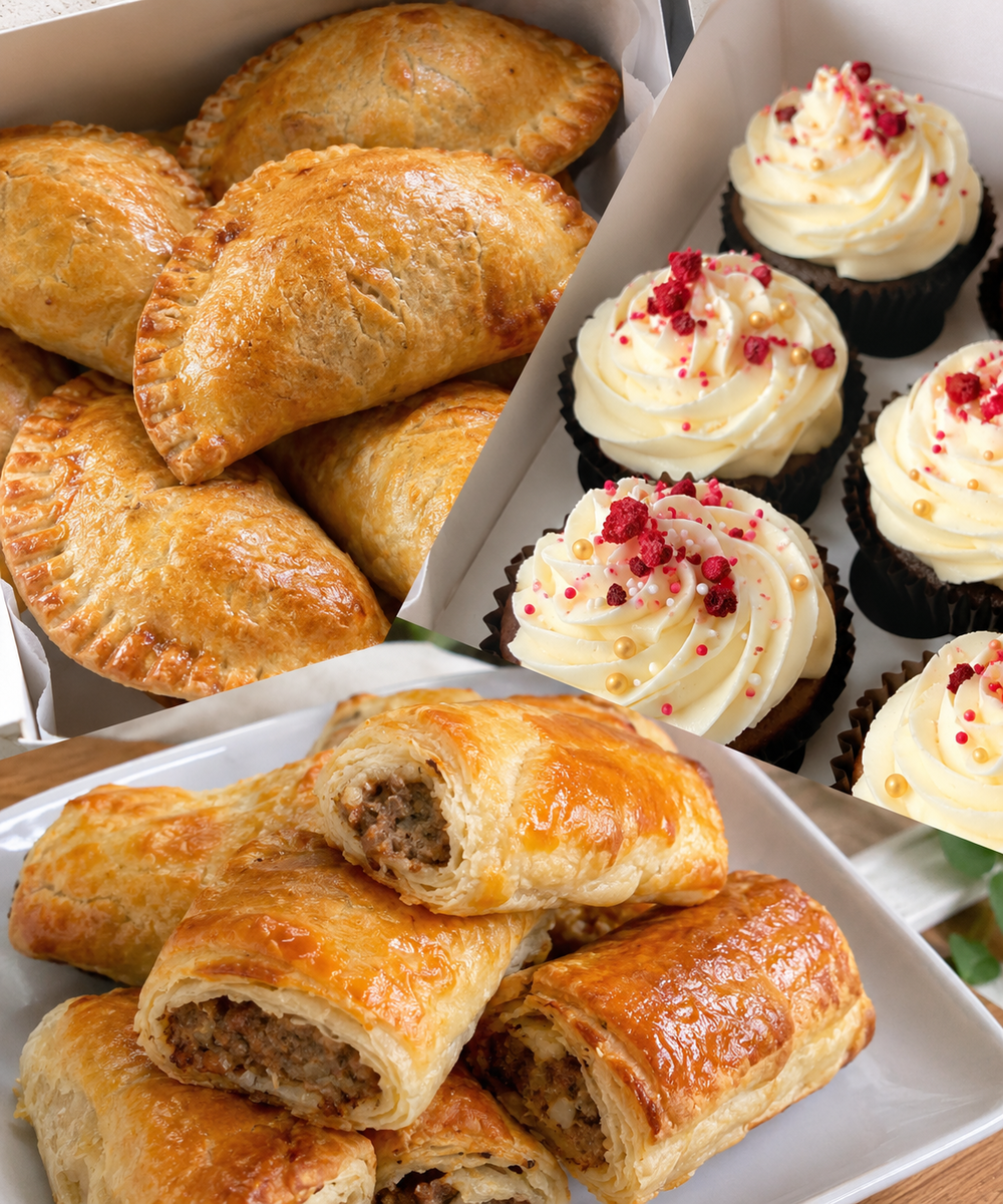 meatpie cupcske and susage roll collage
