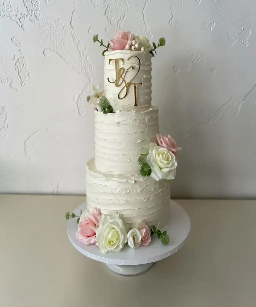 3-tier j&t white wedding cake