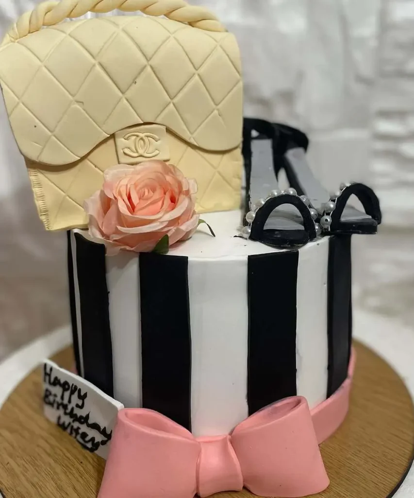 women cake designed as bag and heels